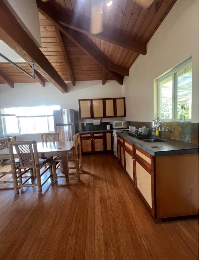15-1545 27th Ave, Keaau, HI 96749 - kitchen with freestanding refrigerator, a sink, dark countertops, white microwave, and wooden ceiling