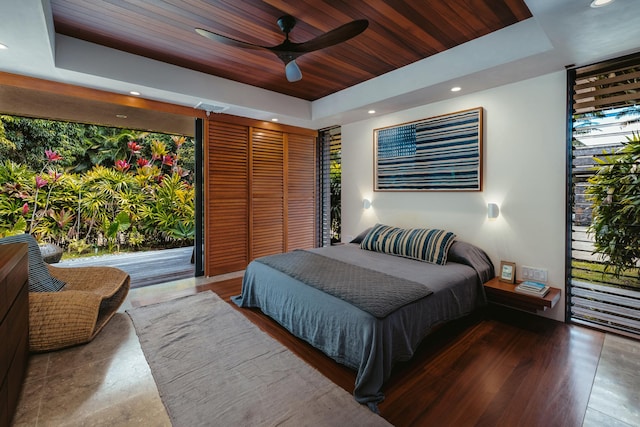 5-1105 Kuhio Hwy Unit A, Kilauea, HI 96754 - bedroom featuring a raised ceiling, recessed lighting, wooden ceiling, and ceiling fan