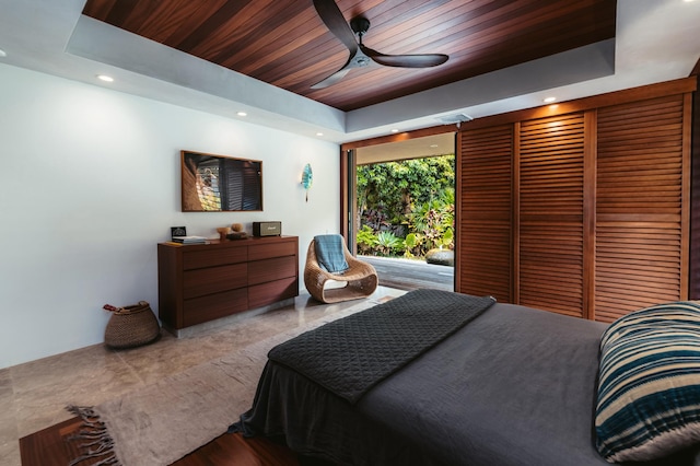 5-1105 Kuhio Hwy Unit A, Kilauea, HI 96754 - bedroom featuring a tray ceiling, wooden ceiling, ceiling fan, recessed lighting, and access to exterior
