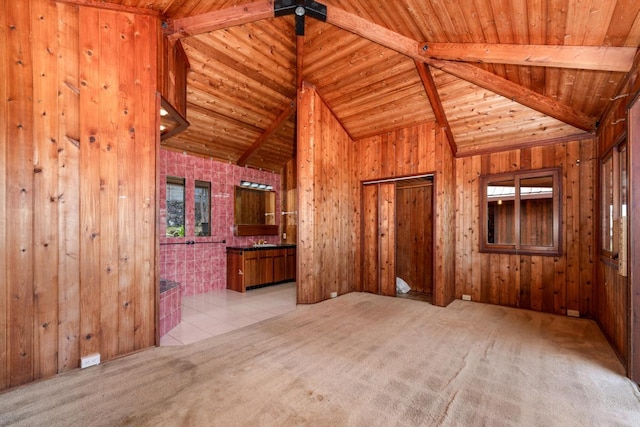 72-981 Puukala Rd, Kailua-Kona, HI 96740 - unfurnished living room featuring wooden ceiling with exposed beams, light colored carpet, high vaulted ceiling, and wooden walls