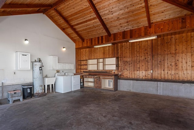 72-981 Puukala Rd, Kailua-Kona, HI 96740 - garage with washer and dryer, gas water heater, wooden walls, wood ceiling, and a sink