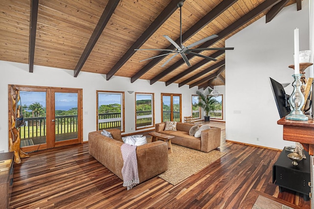 28-811 Akaka Falls Rd, Honomu, HI 96728 - living room featuring wooden ceiling with exposed beams, french doors, wood finished floors, baseboards, and ceiling fan