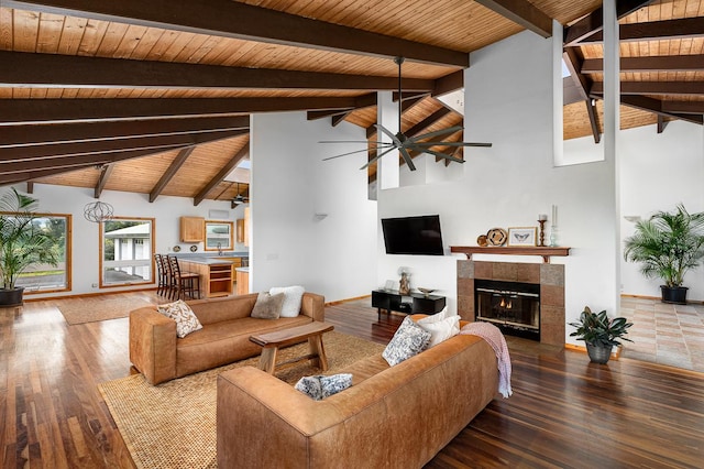 28-811 Akaka Falls Rd, Honomu, HI 96728 - living area with wood ceiling with exposed beams, hardwood / wood-style floors, a tiled fireplace, high vaulted ceiling, and a ceiling fan