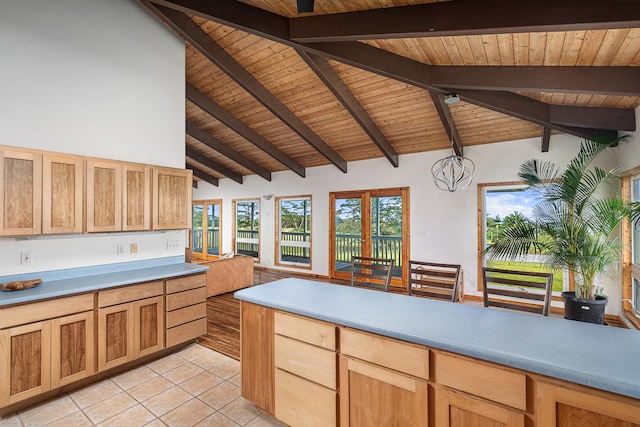 28-811 Akaka Falls Rd, Honomu, HI 96728 - kitchen featuring wood ceiling, light tile patterned floors, light countertops, and decorative light fixtures