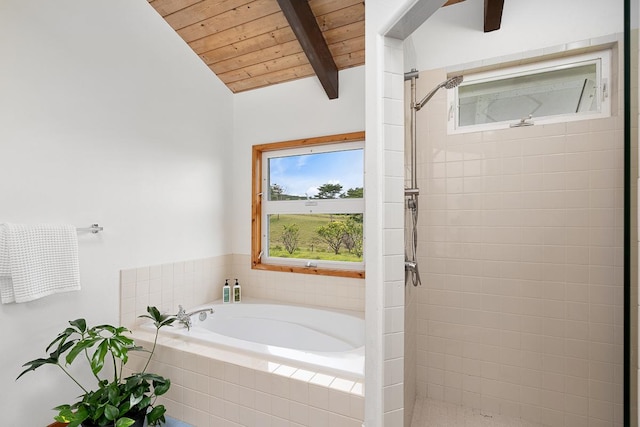 28-811 Akaka Falls Rd, Honomu, HI 96728 - full bath featuring a bath, a shower stall, and wood ceiling
