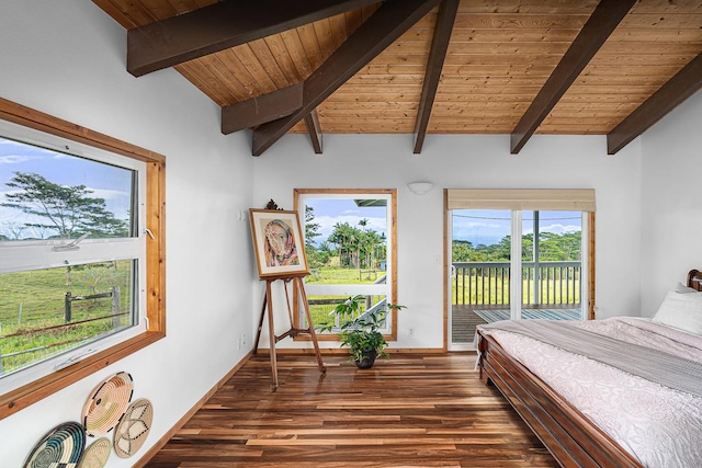 28-811 Akaka Falls Rd, Honomu, HI 96728 - bedroom featuring access to exterior, dark wood-style flooring, wood ceiling, and baseboards
