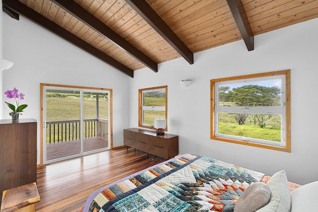 28-811 Akaka Falls Rd, Honomu, HI 96728 - bedroom with access to exterior, wood finished floors, wooden ceiling, and multiple windows