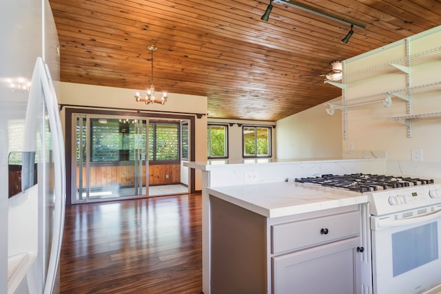 4085-B Noho Rd, Koloa, HI 96756 - kitchen with white gas range, stainless steel fridge, wooden ceiling, open shelves, and dark wood finished floors