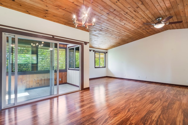 4085-B Noho Rd, Koloa, HI 96756 - spare room with lofted ceiling, wood finished floors, a chandelier, wood ceiling, and baseboards