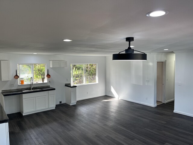 16-2064 Azure Dr, Pahoa, HI 96778 - unfurnished living room featuring a sink, baseboards, plenty of natural light, dark wood-type flooring, and recessed lighting