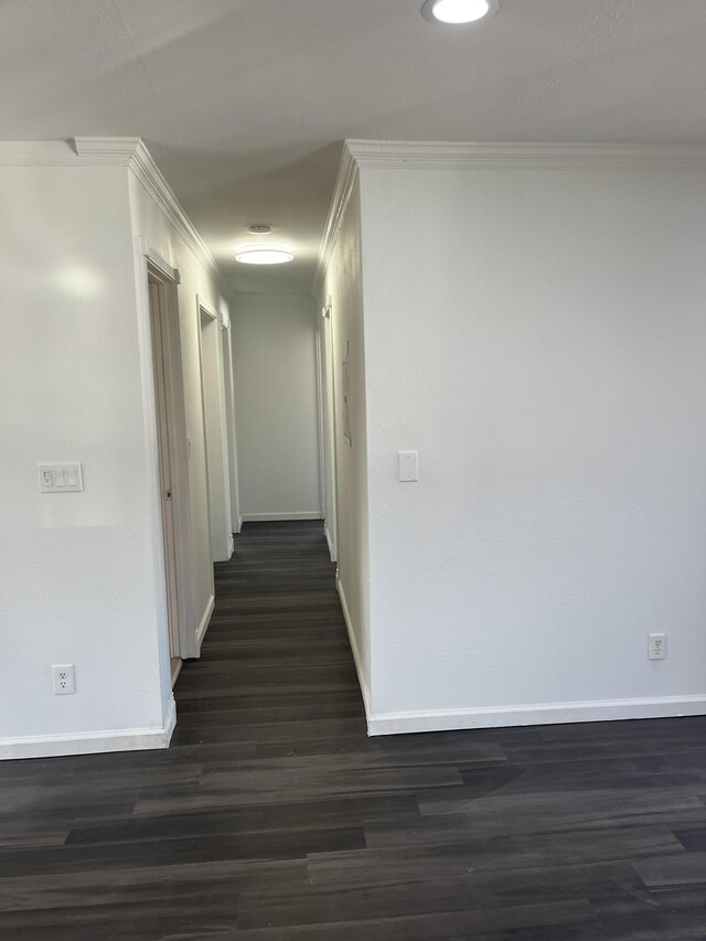 16-2064 Azure Dr, Pahoa, HI 96778 - hallway featuring ornamental molding, baseboards, and dark wood-type flooring