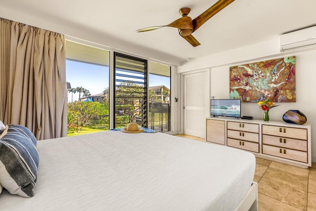 1661 Pee Rd Unit I-204, Koloa, HI 96756 - bedroom featuring a wall mounted air conditioner, access to outside, light tile patterned floors, floor to ceiling windows, and a ceiling fan
