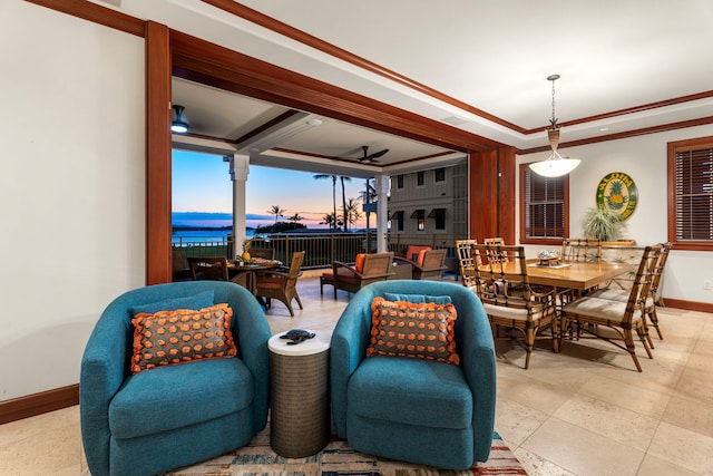 69-1000 Kolea Kai Cir Unit 7E, Waikoloa, HI 96738 - dining space with baseboards, ornamental molding, and a ceiling fan