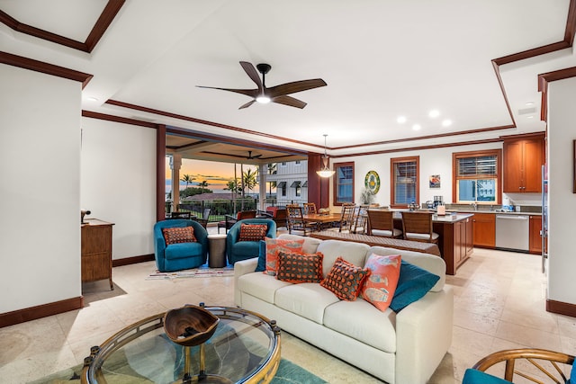 69-1000 Kolea Kai Cir Unit 7E, Waikoloa, HI 96738 - living room with baseboards, ceiling fan, ornamental molding, recessed lighting, and light tile patterned flooring
