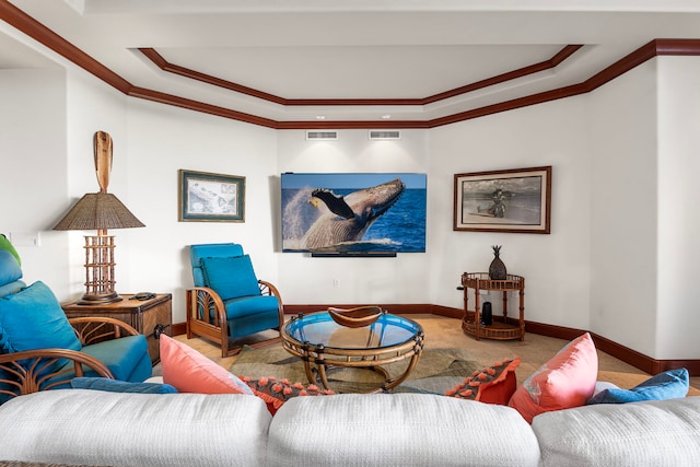 69-1000 Kolea Kai Cir Unit 7E, Waikoloa, HI 96738 - living area featuring a tray ceiling, crown molding, and baseboards