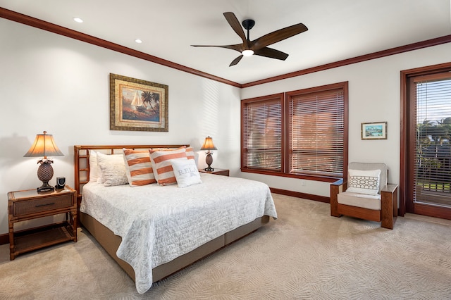 69-1000 Kolea Kai Cir Unit 7E, Waikoloa, HI 96738 - carpeted bedroom featuring baseboards, ornamental molding, recessed lighting, and ceiling fan