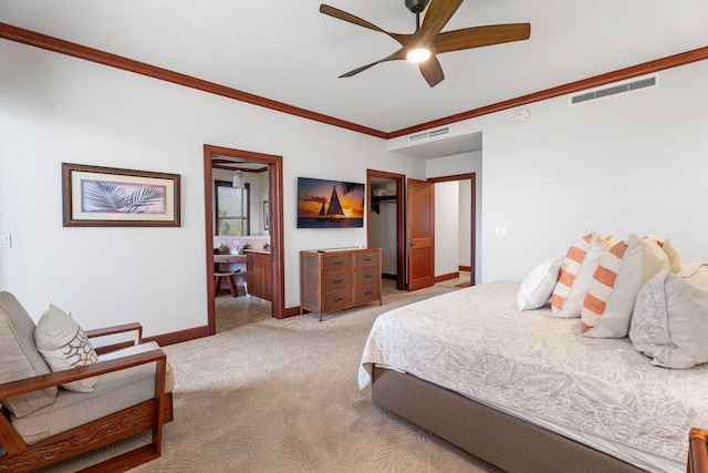69-1000 Kolea Kai Cir Unit 7E, Waikoloa, HI 96738 - bedroom with light carpet, baseboards, ornamental molding, a walk in closet, and ceiling fan