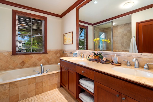 69-1000 Kolea Kai Cir Unit 7E, Waikoloa, HI 96738 - bathroom featuring double vanity, a garden tub, ornamental molding, tile patterned floors, and a tile shower