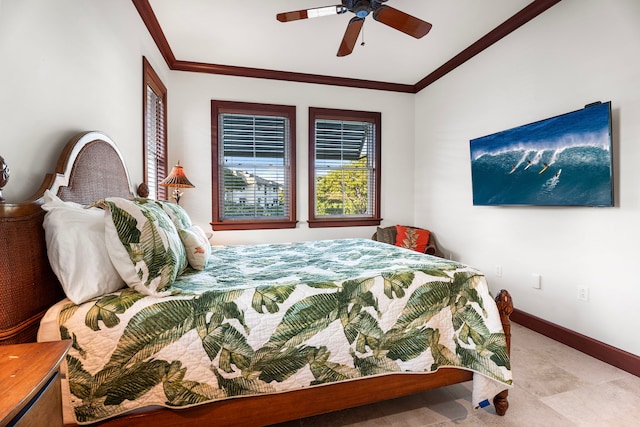 69-1000 Kolea Kai Cir Unit 7E, Waikoloa, HI 96738 - bedroom with ornamental molding, vaulted ceiling, baseboards, and ceiling fan