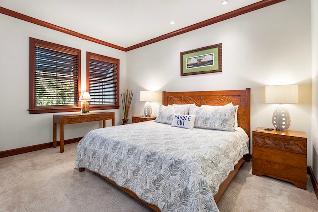 69-1000 Kolea Kai Cir Unit 7E, Waikoloa, HI 96738 - carpeted bedroom featuring baseboards, crown molding, and recessed lighting