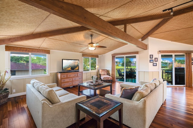 4194 Waileia Pl, Princeville, HI 96722 - living room featuring wainscoting, wood-type flooring, ceiling fan, and rail lighting