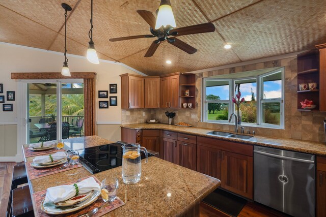 4194 Waileia Pl, Princeville, HI 96722 - kitchen featuring dishwasher, open shelves, a sink, cooktop, and hanging light fixtures