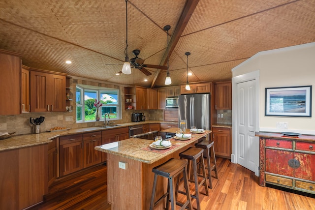 4194 Waileia Pl, Princeville, HI 96722 - kitchen with stainless steel appliances, open shelves, a sink, ceiling fan, and backsplash