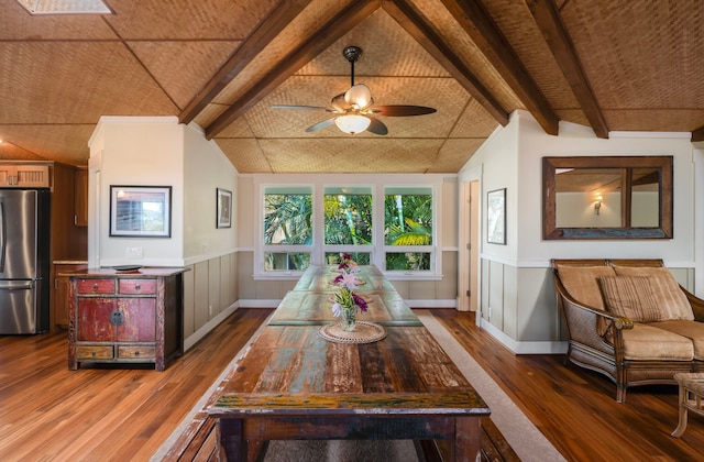 4194 Waileia Pl, Princeville, HI 96722 - dining area featuring wood finished floors, a wainscoted wall, ceiling fan, and baseboards