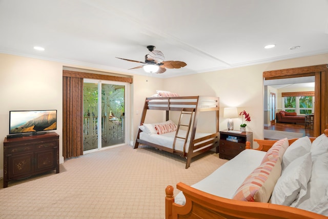 4194 Waileia Pl, Princeville, HI 96722 - bedroom with access to exterior, multiple windows, ornamental molding, light carpet, and ceiling fan