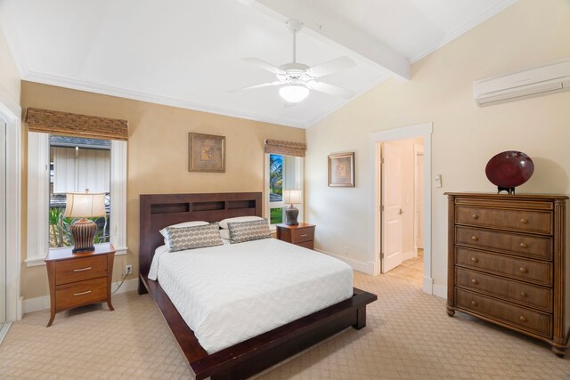 4194 Waileia Pl, Princeville, HI 96722 - bedroom featuring a wall mounted air conditioner, light colored carpet, baseboards, and ornamental molding