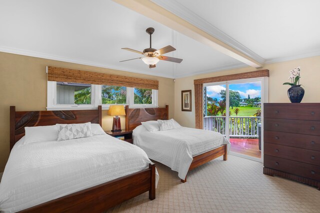 4194 Waileia Pl, Princeville, HI 96722 - bedroom featuring access to exterior, crown molding, beamed ceiling, ceiling fan, and carpet floors