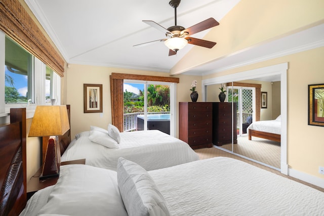 4194 Waileia Pl, Princeville, HI 96722 - bedroom featuring lofted ceiling, a ceiling fan, baseboards, access to outside, and crown molding