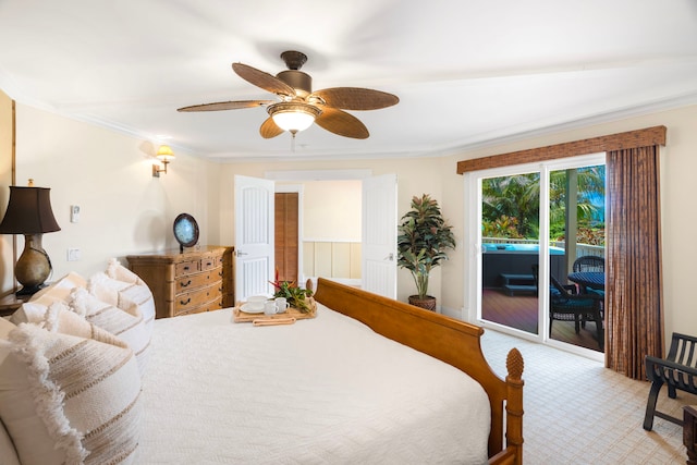 4194 Waileia Pl, Princeville, HI 96722 - bedroom featuring access to outside, light carpet, crown molding, and a ceiling fan