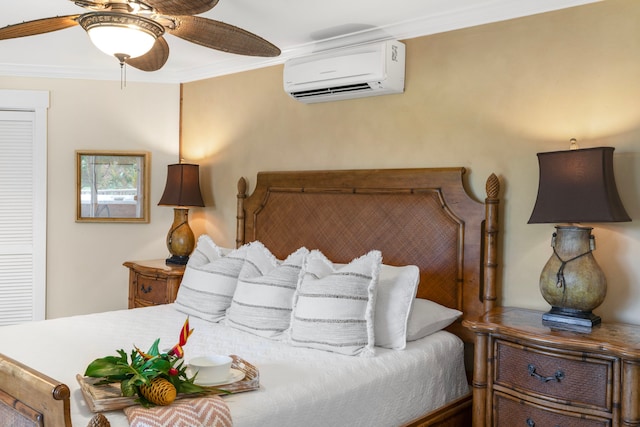4194 Waileia Pl, Princeville, HI 96722 - bedroom with a wall mounted AC, crown molding, and a ceiling fan