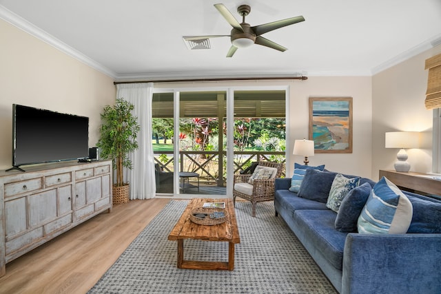 4919 Pepelani Lp Unit 19C, Princeville, HI 96722 - living room with crown molding, light wood-style floors, and a ceiling fan