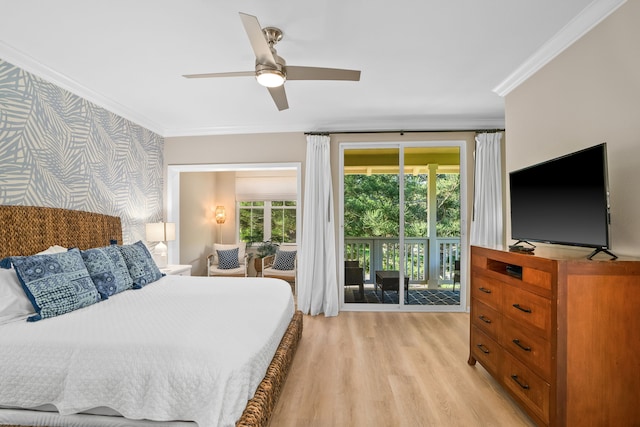4919 Pepelani Lp Unit 19C, Princeville, HI 96722 - bedroom featuring crown molding, light wood-style flooring, access to exterior, ceiling fan, and wallpapered walls