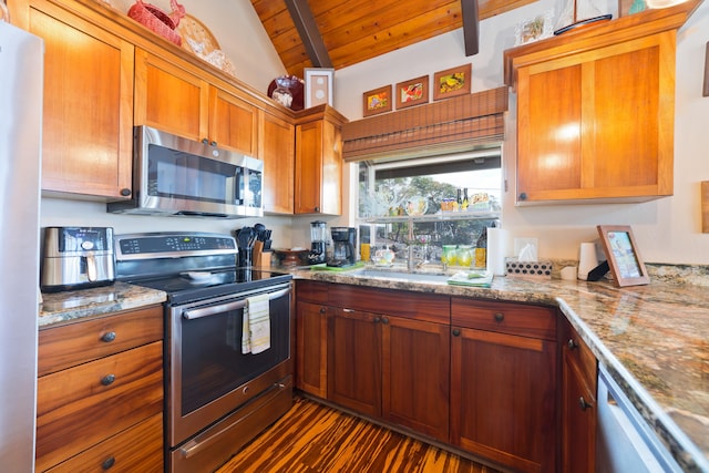 78-6655 Alii Dr, Kailua-Kona, HI 96740 - kitchen featuring stainless steel appliances, wooden ceiling, light stone countertops, and brown cabinets