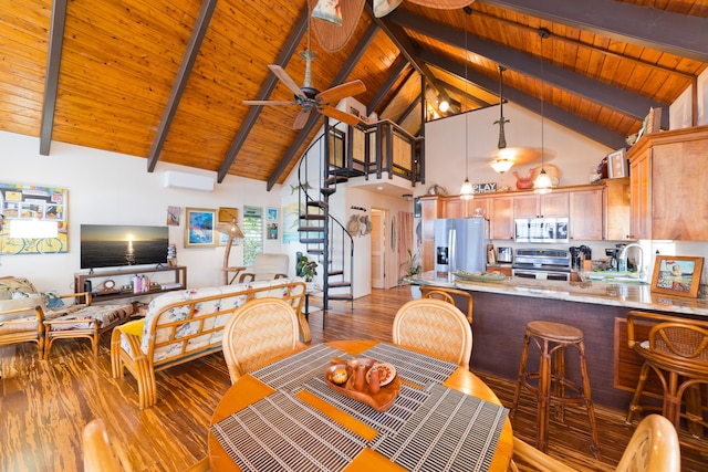 78-6655 Alii Dr, Kailua-Kona, HI 96740 - dining space with wood ceiling with exposed beams, stairway, wood finished floors, high vaulted ceiling, and a ceiling fan