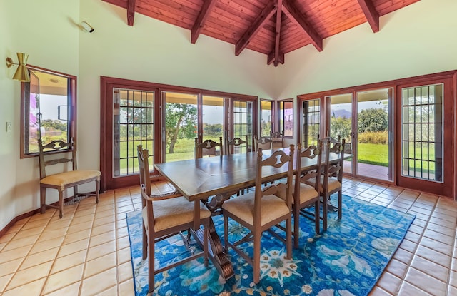 5370 Kaehulua Rd, Kapaa, HI 96746 - dining area featuring french doors, wooden ceiling with exposed beams, light tile patterned floors, high vaulted ceiling, and baseboards