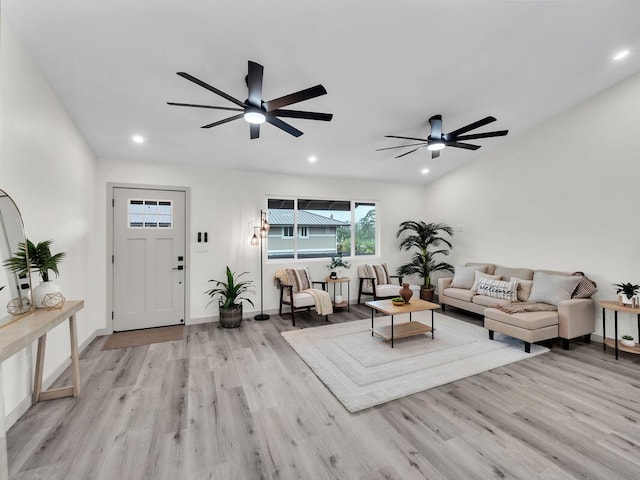 16-2112 Tangerine Dr, Pahoa, HI 96778 - living area with light wood-style flooring, recessed lighting, ceiling fan, and baseboards