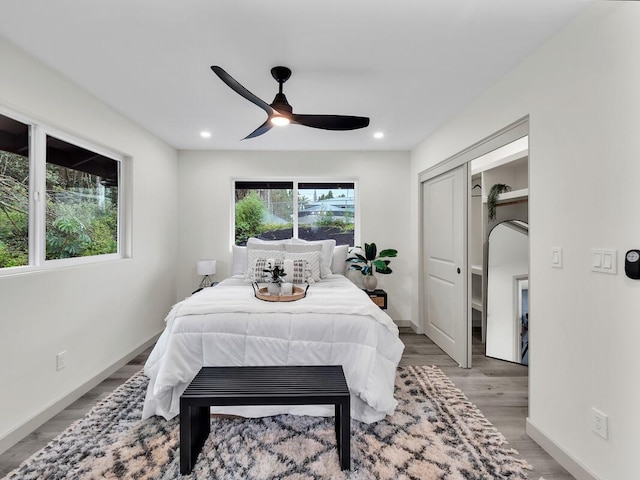 16-2112 Tangerine Dr, Pahoa, HI 96778 - bedroom with light wood-style flooring, recessed lighting, baseboards, a ceiling fan, and a closet