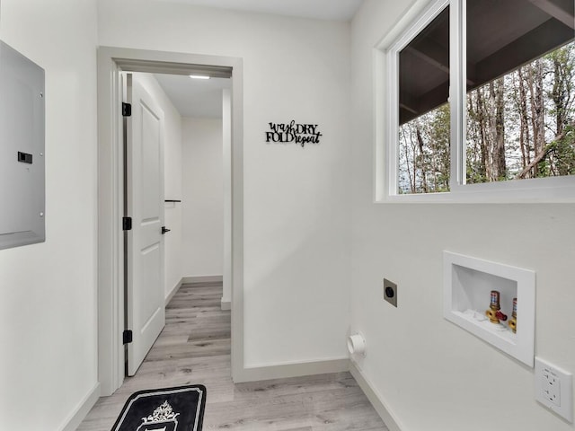 16-2112 Tangerine Dr, Pahoa, HI 96778 - washroom with electric dryer hookup, washer hookup, electric panel, light wood finished floors, and baseboards