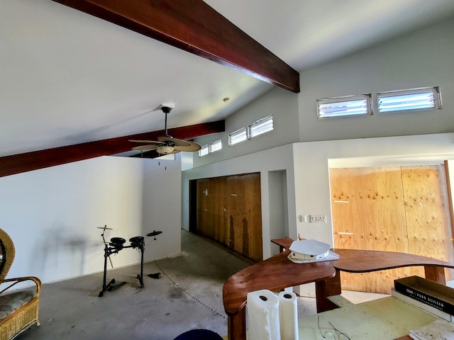 89-1156 Omokaa Pl, Captain Cook, HI 96704 - living area with beamed ceiling, unfinished concrete flooring, ceiling fan, and a towering ceiling
