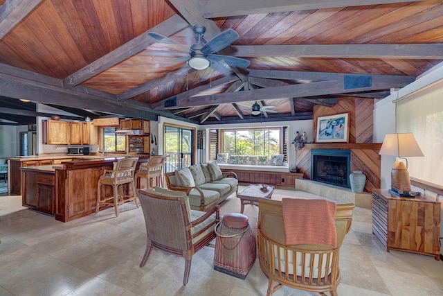 13-125 Nalu Pl, Pahoa, HI 96778 - living room featuring ceiling fan, a tiled fireplace, wooden ceiling, and wooden walls