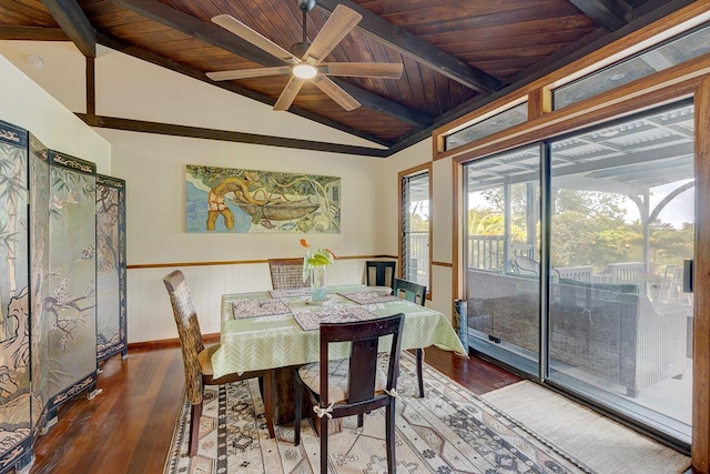 13-125 Nalu Pl, Pahoa, HI 96778 - dining area featuring wood ceiling, wood finished floors, plenty of natural light, ceiling fan, and a wainscoted wall