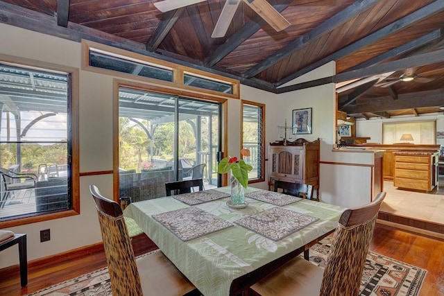 13-125 Nalu Pl, Pahoa, HI 96778 - dining space featuring a ceiling fan, wood ceiling, wood finished floors, and baseboards
