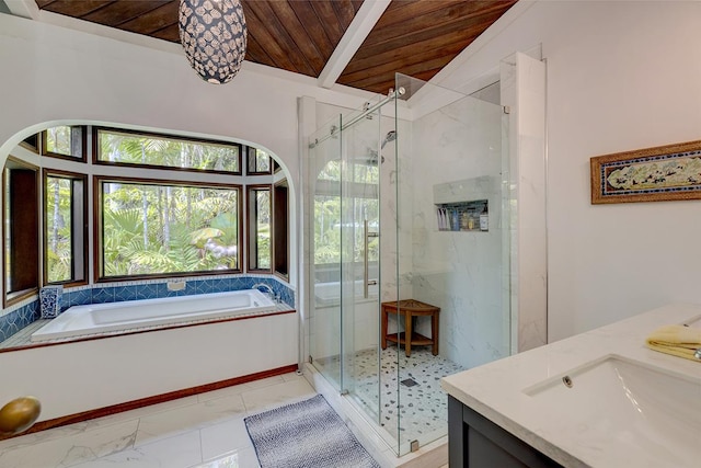 13-125 Nalu Pl, Pahoa, HI 96778 - bathroom with wooden ceiling, a bath, a marble finish shower, vanity, and marble look tiles