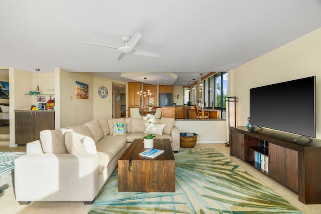 5454 Ka Haku Rd Unit 307, Princeville, HI 96722 - living area with ceiling fan, light tile patterned flooring, and a chandelier