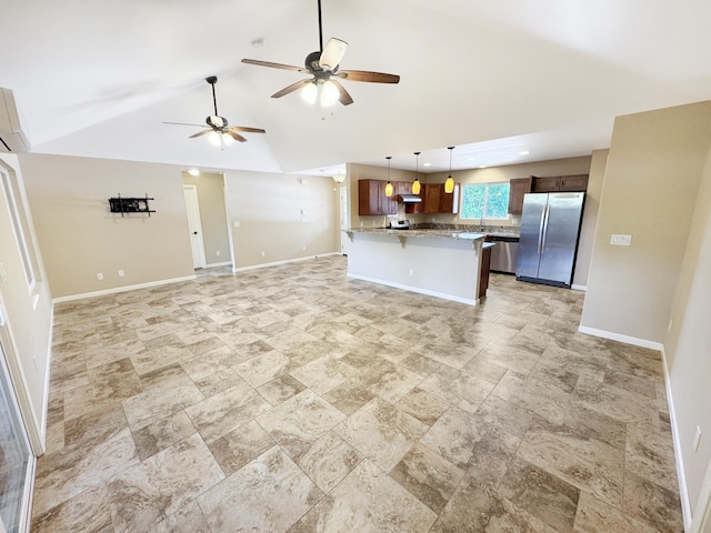 15-1580 17th Ave, Keaau, HI 96749 - kitchen featuring appliances with stainless steel finishes, stone tile floors, ceiling fan, high vaulted ceiling, and open floor plan