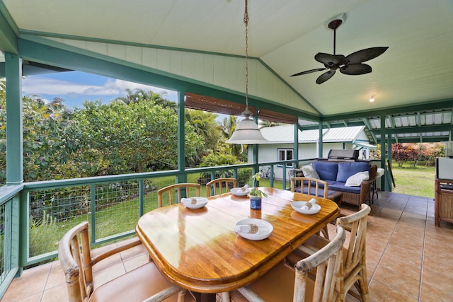 15-2021 11th Ave, Keaau, HI 96749 - sunroom with vaulted ceiling, a ceiling fan, an outdoor living space, and outdoor dining area